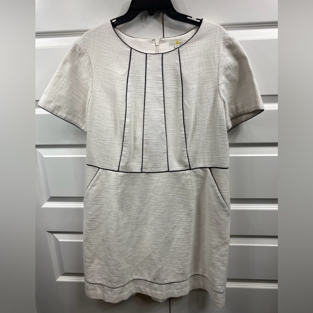 Spring Boden Jane Textured MIDI Dress White Black Piping Career Short Sleeve 16R